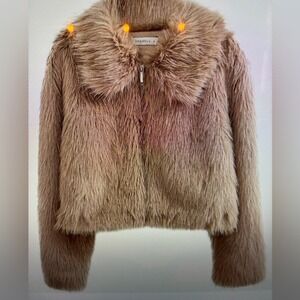 AMAZHIYU Faux Fur‎ Jacket Coat Brown Teddy Shaggy Collar Zip Up Women M
